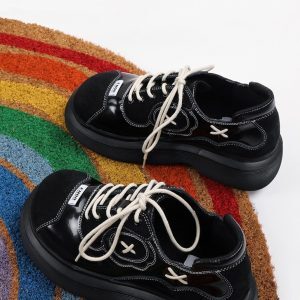 Lace-Up Dad Shoes for Women - 2025 Spring/Summer Thick-Soled Black Sports Sneakers, Niche Big Toe Design, Y2K Style