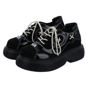Lace-Up Dad Shoes for Women - 2025 Spring/Summer Thick-Soled Black Sports Sneakers, Niche Big Toe Design, Y2K Style