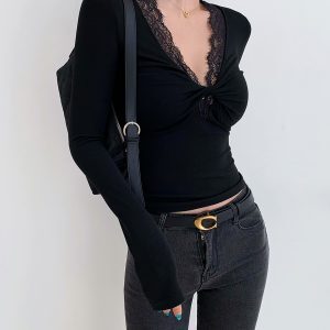 Lace V-Neck Long Sleeve T-Shirt for Women - Slim Fit Sexy Base Top in European American Style, Perfect for Y2K and Casual Chic Looks