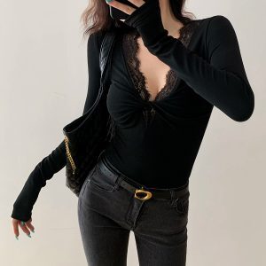 Lace V-Neck Long Sleeve T-Shirt for Women - Slim Fit Sexy Base Top in European American Style, Perfect for Y2K and Casual Chic Looks