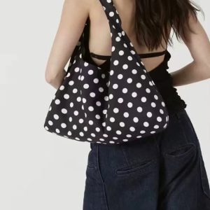 Large Capacity Black and White Polka Dot Canvas Tote Bag – Casual, Versatile Shoulder Bag for Summer 2025 Fashion