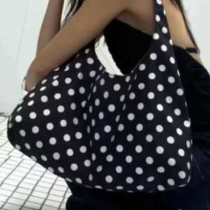 Large Capacity Black and White Polka Dot Canvas Tote Bag – Casual, Versatile Shoulder Bag for Summer 2025 Fashion