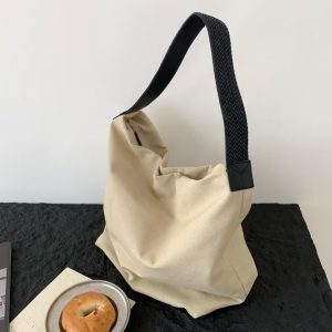 Large Capacity Canvas Tote Bag with Genuine Leather Woven Rope Strap - Versatile Bucket-Style Women's Shoulder Bag