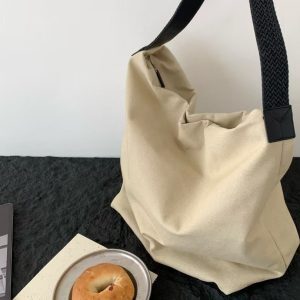 Large Capacity Canvas Tote Bag with Genuine Leather Woven Rope Strap - Versatile Bucket-Style Women's Shoulder Bag