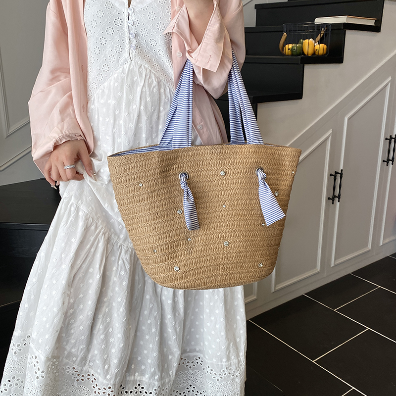 Large Capacity French-Style Woven Straw Beach Tote Bag for Women - 2025 Summer Casual Seaside Shoulder Bag