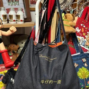 Large Capacity Patchwork Canvas Crossbody Tote Bag for Women - Denim Style Shoulder Bag for Students