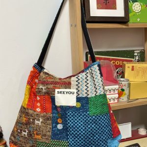 Large Capacity Patchwork Canvas Crossbody Tote Bag for Women - Denim Style Shoulder Bag for Students