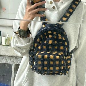 Large Capacity Plush Plaid Backpack for College Students, Versatile Lamb Wool Mini Commuter Bag