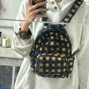 Large Capacity Plush Plaid Backpack for College Students, Versatile Lamb Wool Mini Commuter Bag