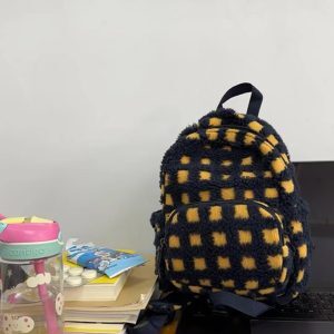 Large Capacity Plush Plaid Backpack for College Students, Versatile Lamb Wool Mini Commuter Bag