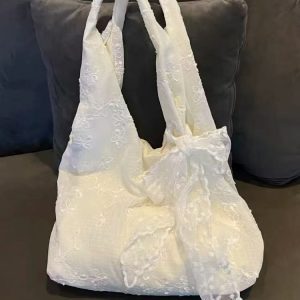 Large Capacity White Floral Embroidered Canvas Shoulder Bag - Versatile Fairy-Style Tote for Students and Everyday Use