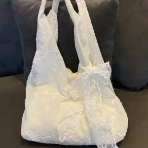Large Capacity White Floral Embroidered Canvas Shoulder Bag - Versatile Fairy-Style Tote for Students and Everyday Use