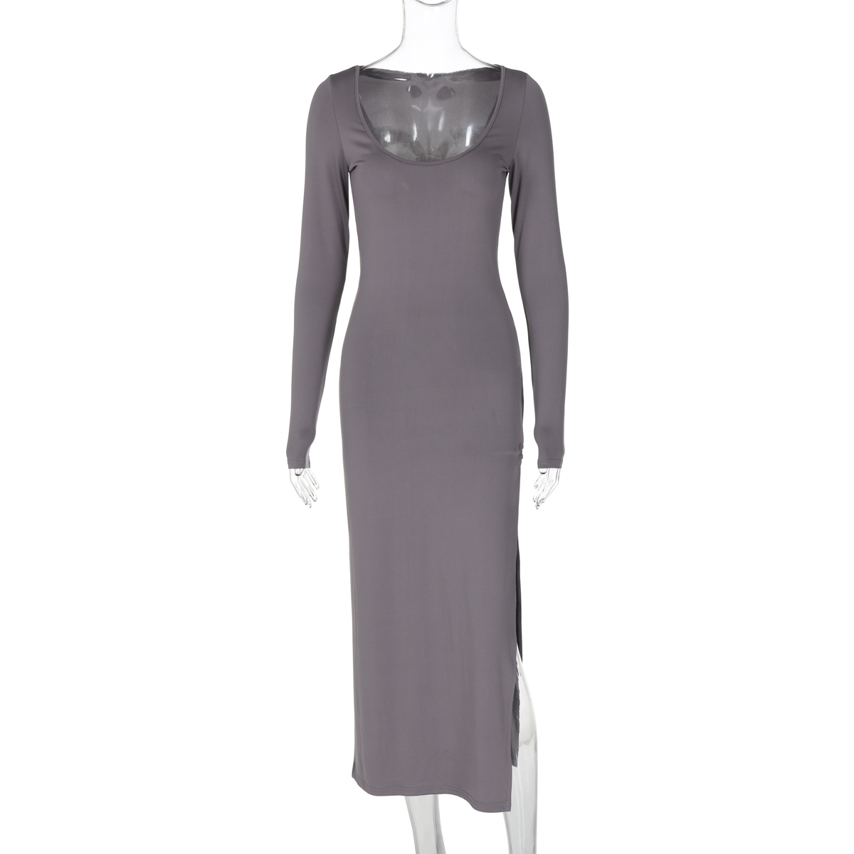 Large Round Neck Long Sleeve Dress for Women - Elegant High Slit Hollow Out Fitted Knee-Length Dress for Early Autumn Style