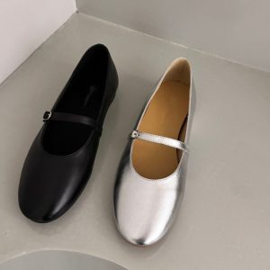 Leather French Silver Ballet Flat Shoes for Women, Low-Heeled Mary Jane Casual Loafers, Vintage-Inspired Grandma Style