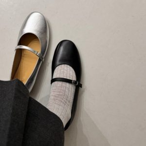 Leather French Silver Ballet Flat Shoes for Women, Low-Heeled Mary Jane Casual Loafers, Vintage-Inspired Grandma Style