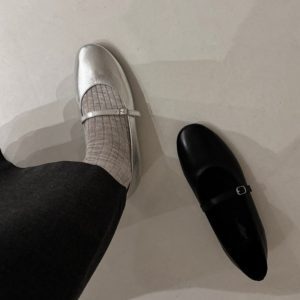 Leather French Silver Ballet Flat Shoes for Women, Low-Heeled Mary Jane Casual Loafers, Vintage-Inspired Grandma Style