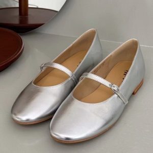 Leather French Silver Ballet Flat Shoes for Women, Low-Heeled Mary Jane Casual Loafers, Vintage-Inspired Grandma Style