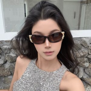 Leopard Print Butterfly Cat-Eye Sunglasses for Women - Metallic Tea Color, UV Protection, European and American Sexy Style