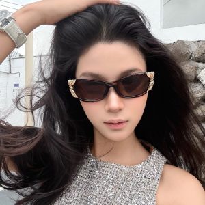 Leopard Print Butterfly Cat-Eye Sunglasses for Women - Metallic Tea Color, UV Protection, European and American Sexy Style