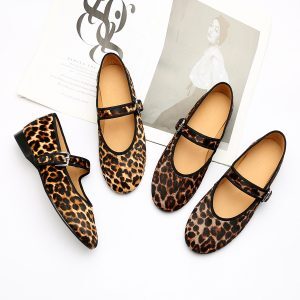 Leopard Print Calf Hair One-Strap Flat Mary Jane Ballet Shoes for Women - Stylish Vintage-Inspired Grandma Shoes
