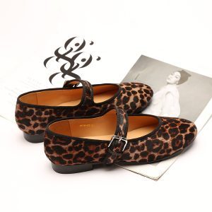 Leopard Print Calf Hair One-Strap Flat Mary Jane Ballet Shoes for Women - Stylish Vintage-Inspired Grandma Shoes