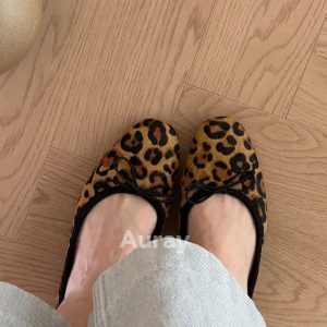 Leopard Print Cowhide Ballet Flats for Women, Casual Mary Jane Shoes, Soft Bottom Vintage Style Footwear