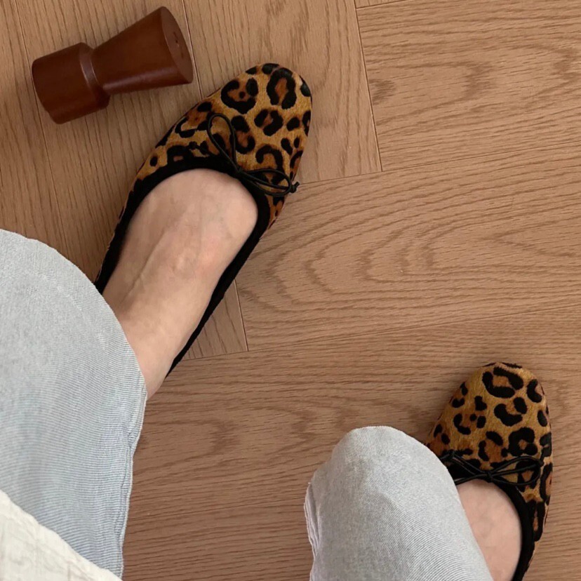 Leopard Print Cowhide Ballet Flats for Women, Casual Mary Jane Shoes, Soft Bottom Vintage Style Footwear
