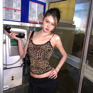 Leopard Print Lace Camisole - Vintage Inspired Slim Fit Sexy Top for a Sweet and Spicy Look