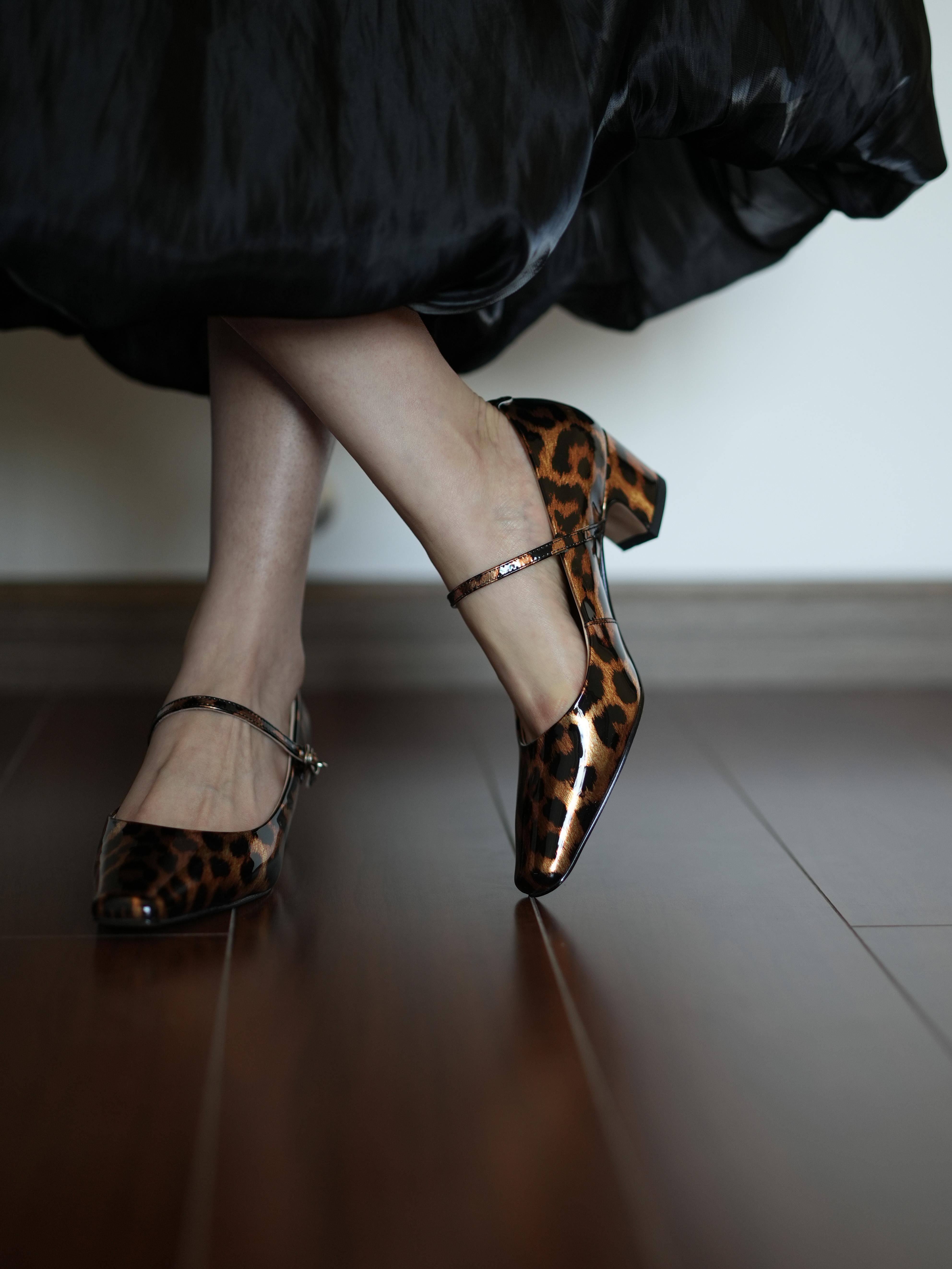 Leopard Print Mary Jane Shoes for Women - Small Square Toe, Shallow Mouth, One Strap, Slim Fit, Niche Designer Style