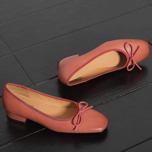 Leopard Print Square-Toed Low-Heeled Bow Shoes for Women, All-Season Commuting Style, Red Wedding Flats