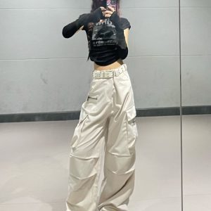 Light Beige Hip-Hop Dance Cargo Pants for Women - Thin Jazz Multi-Pocket Pleated Casual Bottoms, Perfect for Street Style and Dance