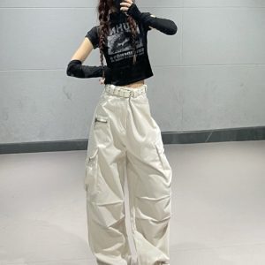 Light Beige Hip-Hop Dance Cargo Pants for Women - Thin Jazz Multi-Pocket Pleated Casual Bottoms, Perfect for Street Style and Dance