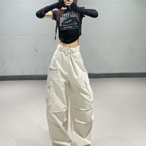 Light Beige Hip-Hop Dance Cargo Pants for Women - Thin Jazz Multi-Pocket Pleated Casual Bottoms, Perfect for Street Style and Dance