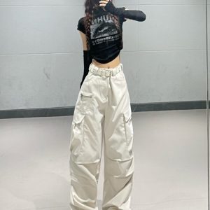 Light Beige Hip-Hop Dance Cargo Pants for Women - Thin Jazz Multi-Pocket Pleated Casual Bottoms, Perfect for Street Style and Dance