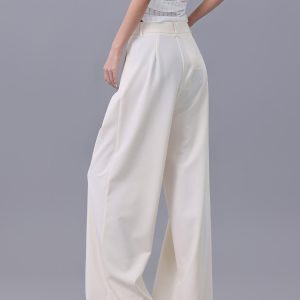 Light Beige Thin Wide-Leg Suit Pants for Women - High Waist Slim Fit Draping Casual Trousers - Summer Fashion 2023