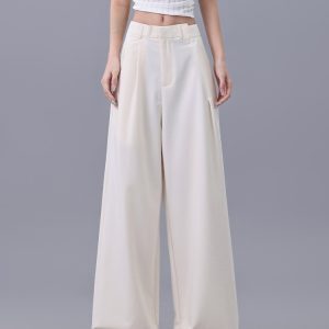 Light Beige Thin Wide-Leg Suit Pants for Women - High Waist Slim Fit Draping Casual Trousers - Summer Fashion 2023