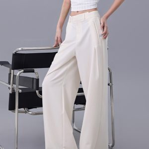 Light Beige Thin Wide-Leg Suit Pants for Women - High Waist Slim Fit Draping Casual Trousers - Summer Fashion 2023