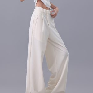 Light Beige Thin Wide-Leg Suit Pants for Women - High Waist Slim Fit Draping Casual Trousers - Summer Fashion 2023