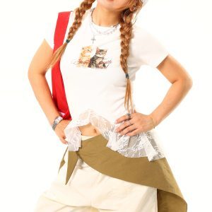Light Blue American Lace Spliced Irregular Cat Short Sleeve T-Shirt - Trendy Y2K Style, Limited Time Buy 2 Get 1 Free Offer