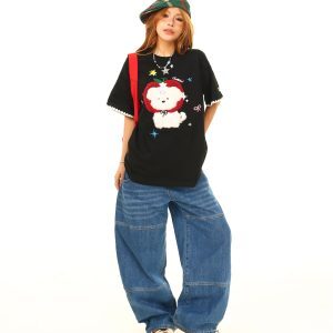 Light Blue American Vintage Apple Dog Embroidered Short Sleeve T-Shirt - Trendy Casual Wear for 90s and Y2K Fashion Lovers