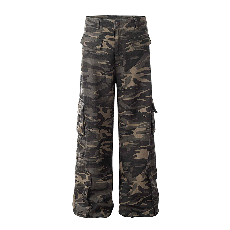 Light Blue American Vintage Camouflage Multi-Pocket Wide-Leg Cargo Pants - Y2K Style, Trendy and Functional Fashion Essential