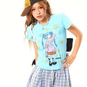 Light Blue American Vintage Cartoon Print Short Sleeve T-Shirt - Casual 90s Style, Limited Time Buy 2 Get 1 Free Offer