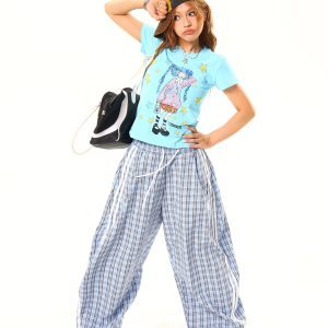 Light Blue American Vintage Cartoon Print Short Sleeve T-Shirt - Casual 90s Style, Limited Time Buy 2 Get 1 Free Offer
