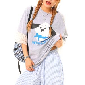 Light Blue American Vintage Dog Print Lace Splicing Short Sleeve T-Shirt - Y2K Inspired, Limited Time Offer Buy 2 Get 1 Free