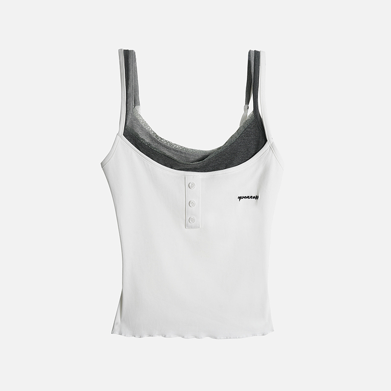 Light Blue American Vintage Fake Two-Piece Spliced Slim Fit Cami Top - 90s Inspired, Limited Time Offer Buy 2 Get 1 Free