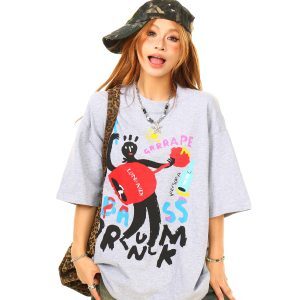 Light Blue American Vintage Fun Graffiti Print Short Sleeve T-Shirt - Y2K Style, Limited Time Buy 2 Get 1 Free Offer