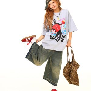 Light Blue American Vintage Fun Graffiti Print Short Sleeve T-Shirt - Y2K Style, Limited Time Buy 2 Get 1 Free Offer