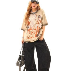 Light Blue American Vintage Gradient Print Loose Short Sleeve T-Shirt - 90s Style, Casual Chic, Limited Time Buy 2 Get 1 Free