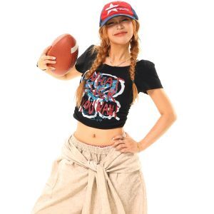 Light Blue American Vintage Letter Print Halter Tie Short T-Shirt - Trendy Y2K Style, Perfect for Casual Outings and Summer Wear