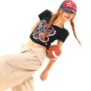 Light Blue American Vintage Letter Print Halter Tie Short T-Shirt - Trendy Y2K Style, Perfect for Casual Outings and Summer Wear